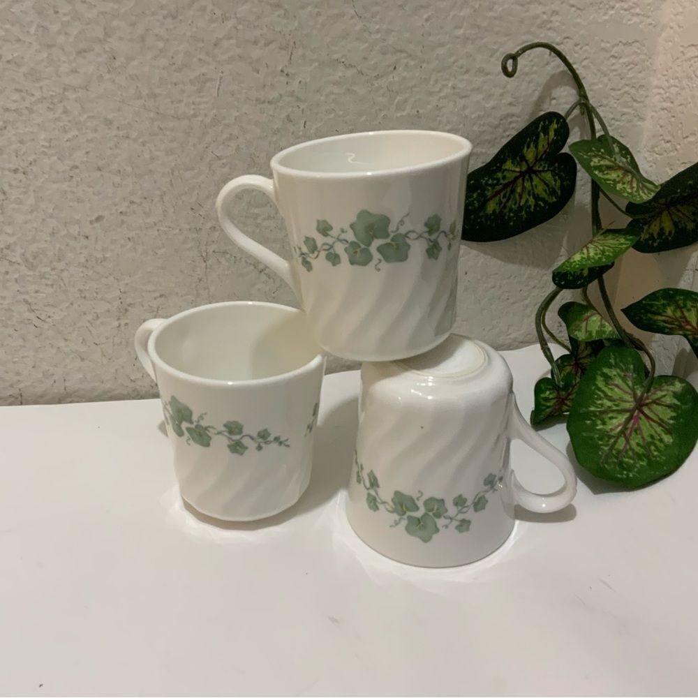 SET OF 3 VTG MCM CORELLE STONEWARE GREEN IVY PRINT CERAMIC COFFEE CUPS/MUGS G13